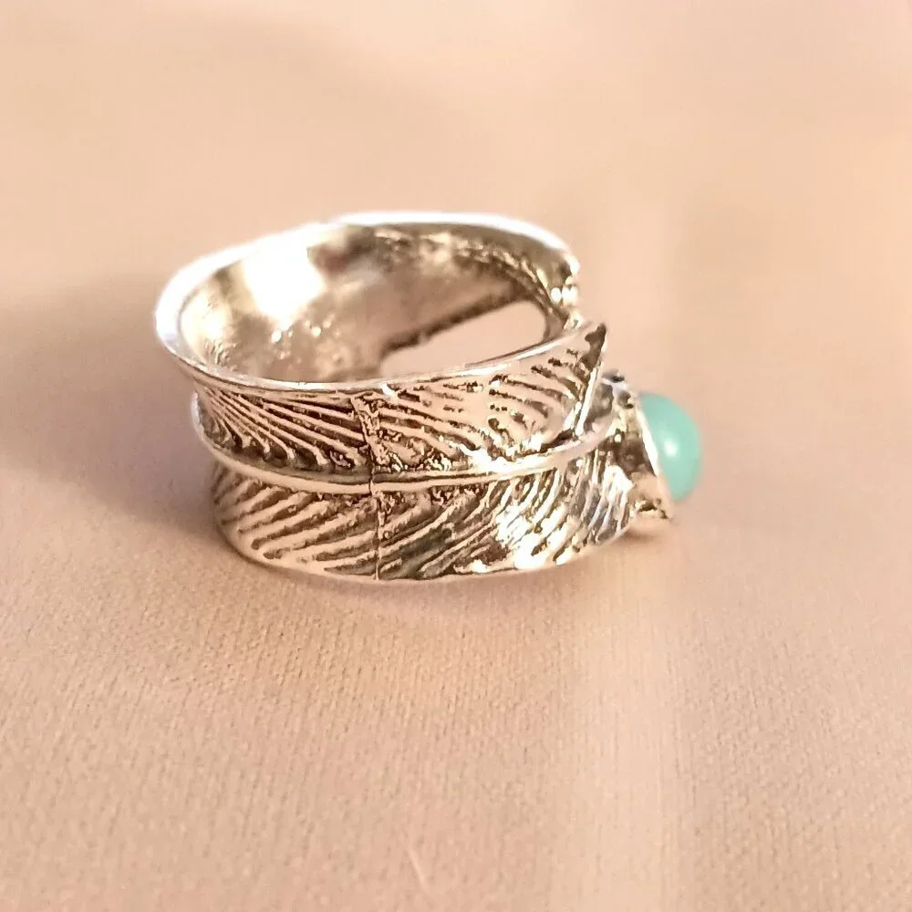 Boho Silver Leaf Wrap Turquoise Ring Size 5 New Nature Inspired Statement Gift - Picture 5 of 5
